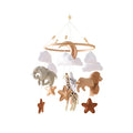 Wooden crib mobile with multiple felt animal toys and stars on hanging strings