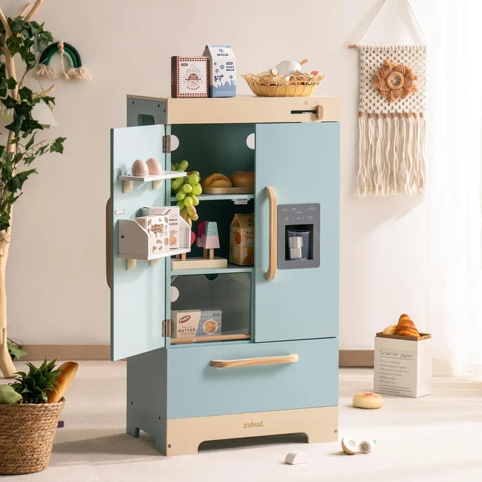 Wooden Play Kitchen Fridge with Ice Dispenser for Kids