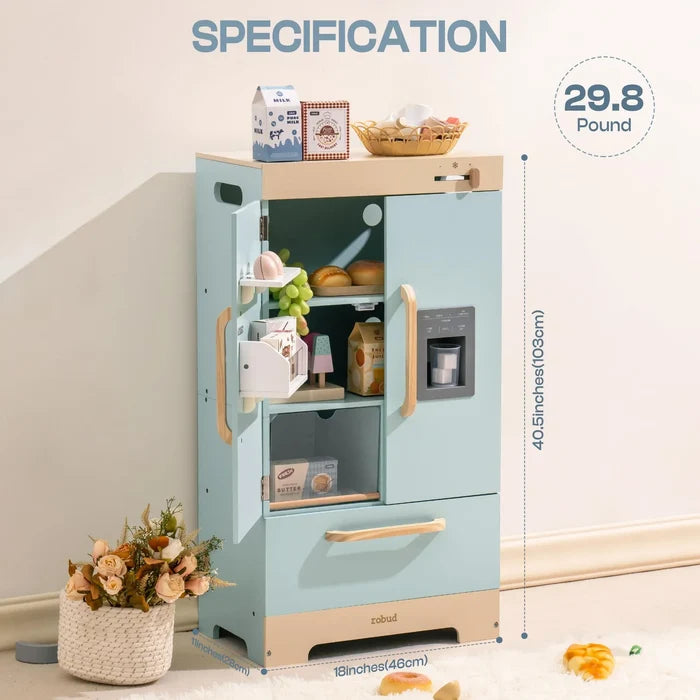 Wooden Play Kitchen Fridge with Ice Dispenser for Kids