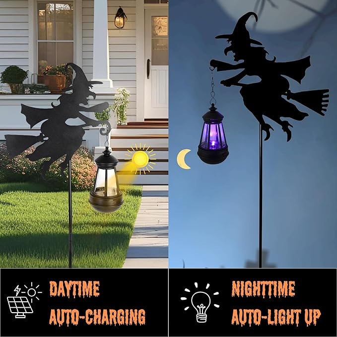 Two black witch silhouette solar stake lanterns with purple LED light for outdoor yard
