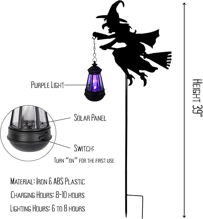 Witch solar stake lantern light diagram with solar panel and purple glow