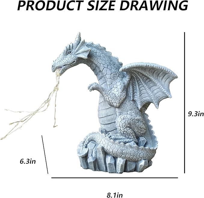 Blue dragon figurine size diagram, standing on a rock base