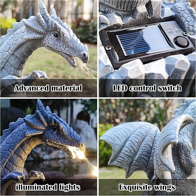Blue dragon solar statue details: solar panel, illuminated LEDs, wings and scales