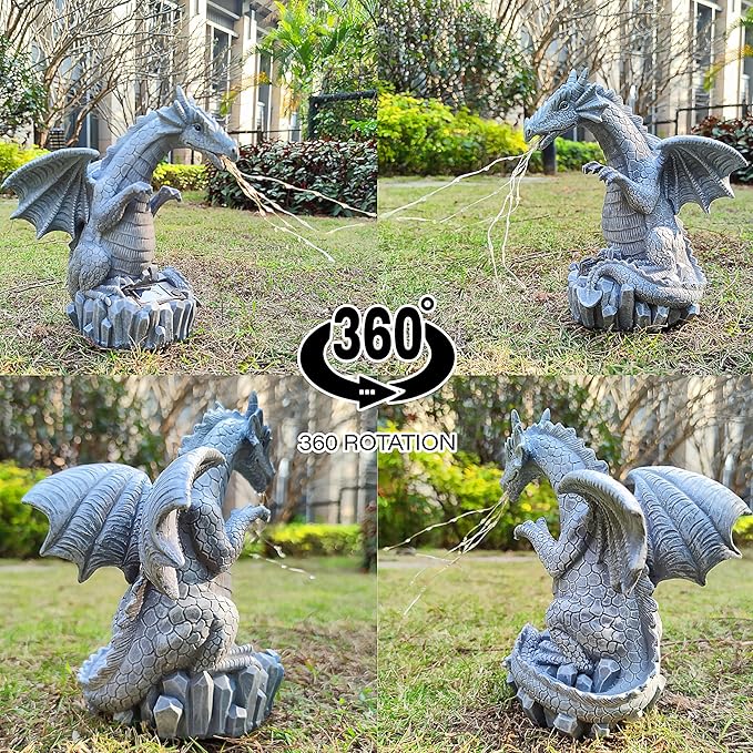 Blue dragon garden statue with solar LEDs and rotating 360 design on rock base