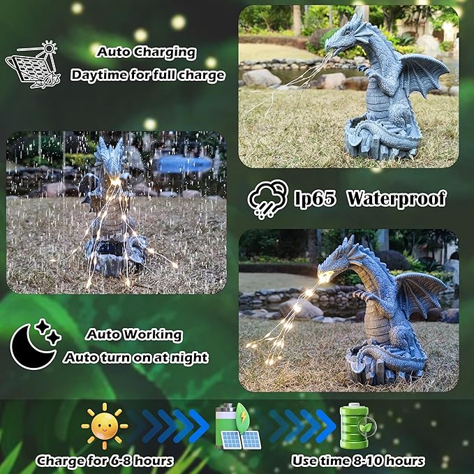 Blue dragon solar LED outdoor statue with light strings, IP65 waterproof