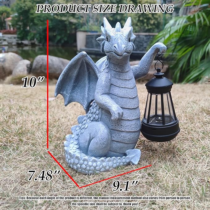 Blue dragon garden statue with open wings and glowing lantern, front view