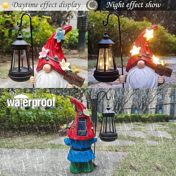 Outdoor gnome statue beside solar lantern showing daytime and nighttime warm glow