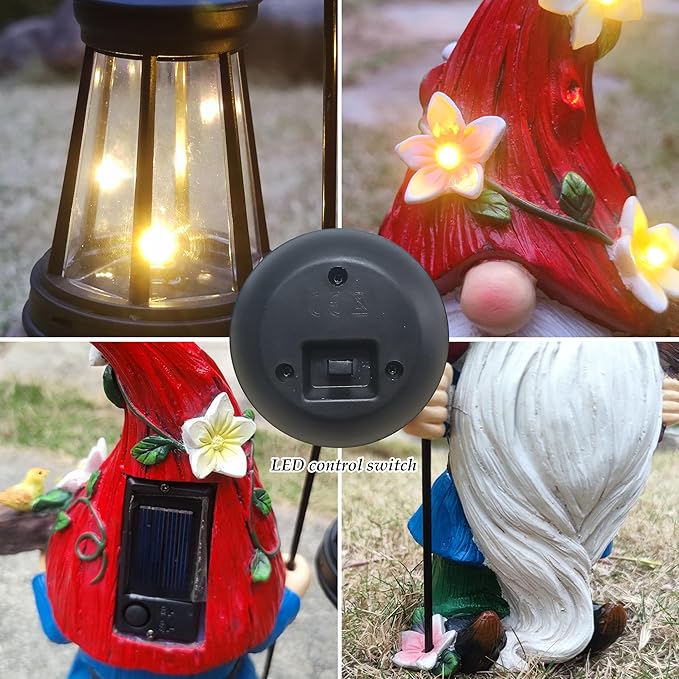 Solar lantern and gnome figurine close-up with LED control switch on lantern base