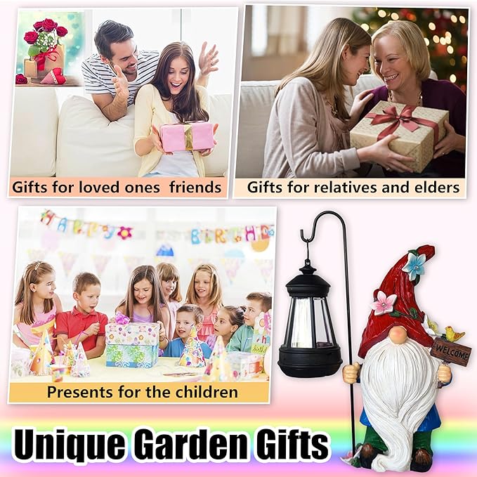 Solar gnome figurine holding a black lantern, red hat with flowers and welcome badge