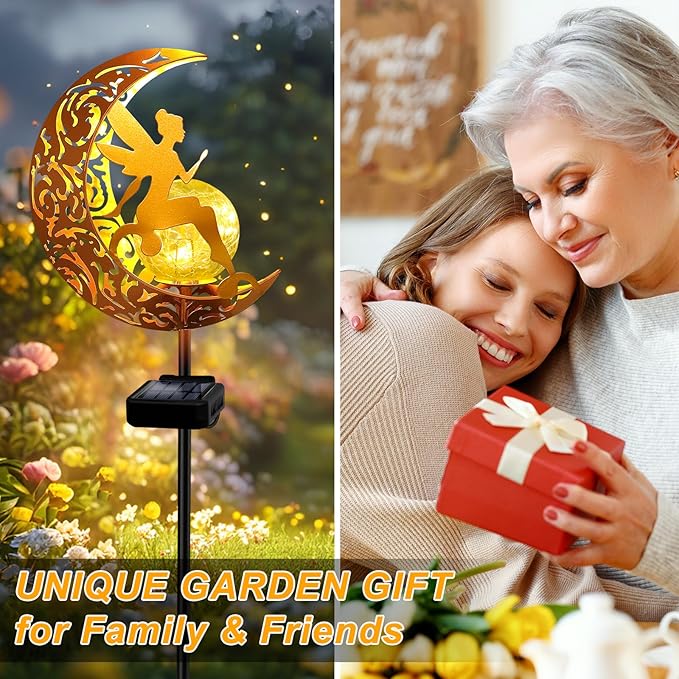 Gold moon fairy solar stake light with angel cutout and cracked glass globe