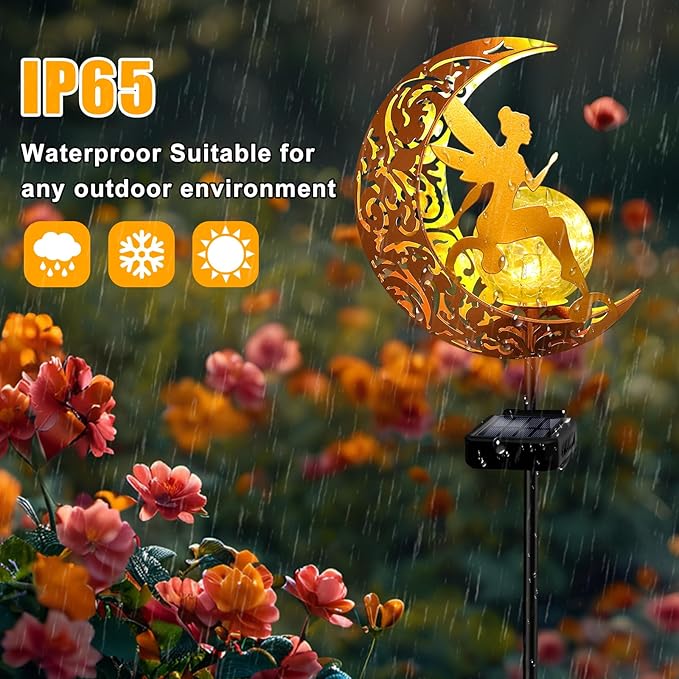 Gold moon fairy solar stake light with angel cutout and cracked glass globe