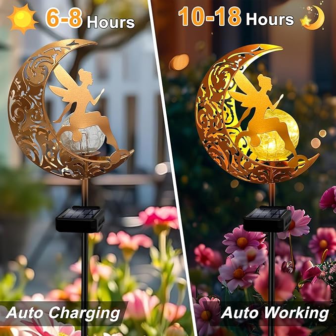 Pair of gold moon fairy solar stake lights on black stakes with cracked glass globes