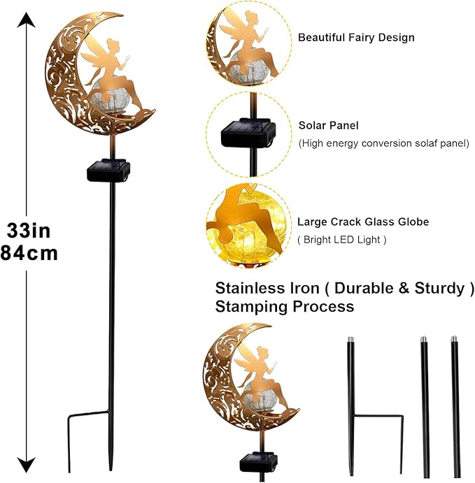 Solar stake lights set with gold moon fairy angel design and cracked glass globe