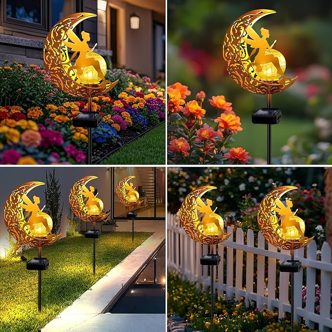Moon fairy solar garden lights with angel cutout, cracked glass globes on stakes