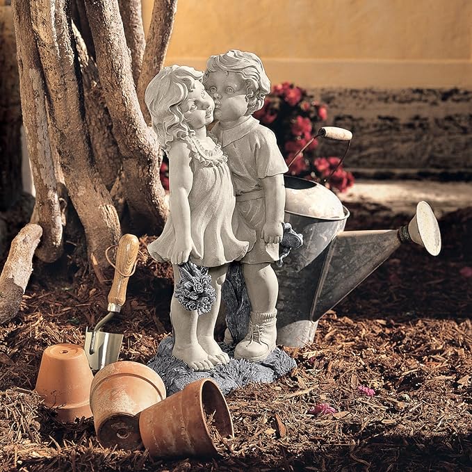 Young Sweethearts Kissing Children Garden Statue - Hand-Cast Crushed Stone Resin Outdoor Sculpture