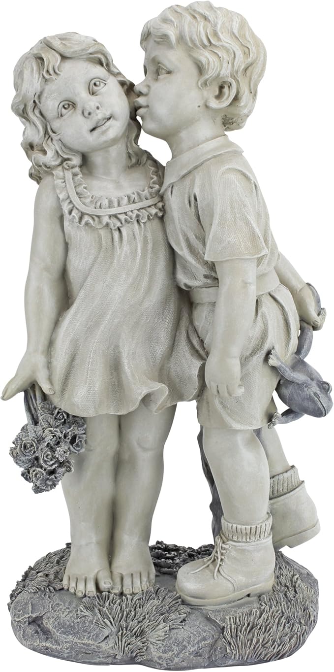 Young Sweethearts Kissing Children Garden Statue - Hand-Cast Crushed Stone Resin Outdoor Sculpture