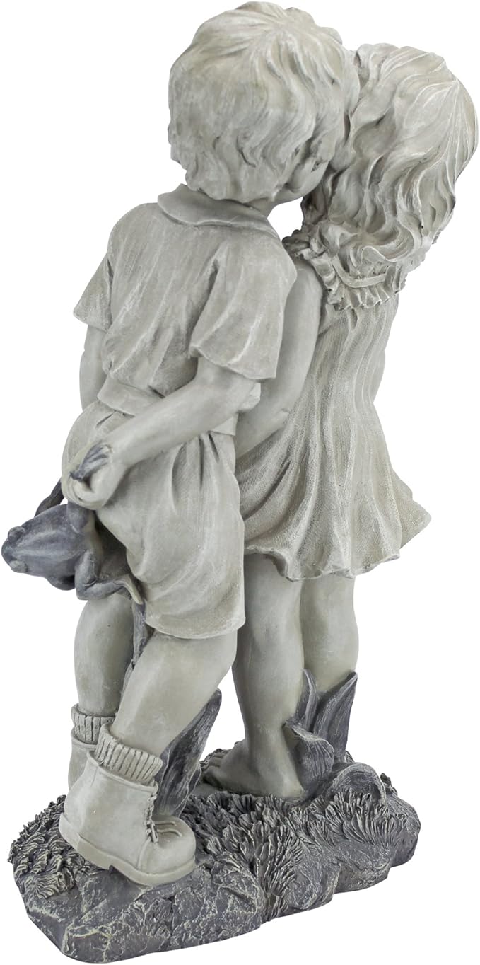 Young Sweethearts Kissing Children Garden Statue - Hand-Cast Crushed Stone Resin Outdoor Sculpture