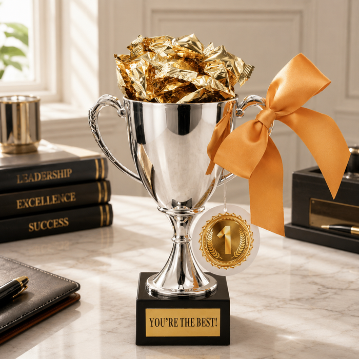 Silver trophy with gold ribbon and foil bouquet, 'You're the best' base plaque