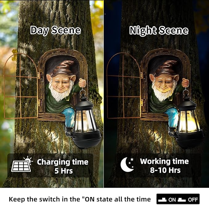Whimsical gnome solar lantern statue on a tree trunk with day-to-night lighting effect