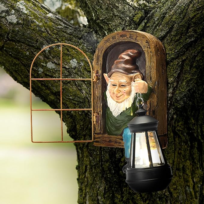 Garden tree-face gnome solar lantern statue with arched window and raised lantern