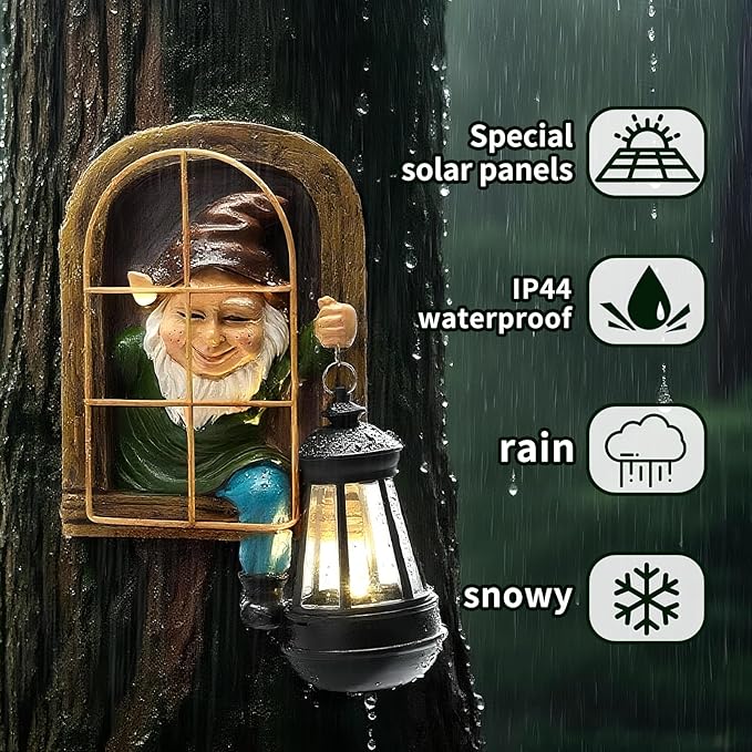 Solar waterproof gnome lantern statue on a tree trunk with rain droplets