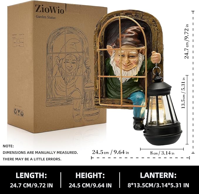 Garden gnome solar lantern statue next to product box with size diagram