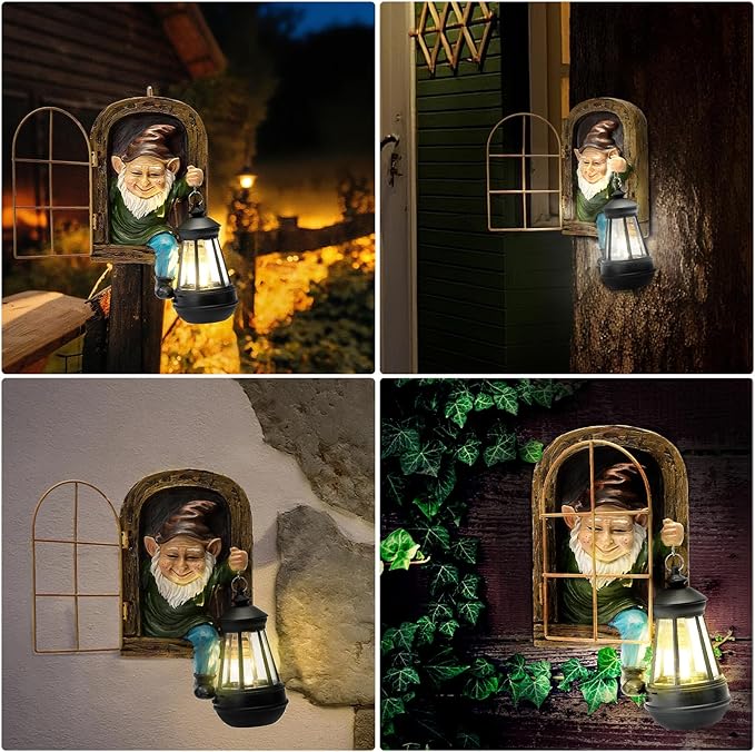 Solar garden gnome lantern statue shown in four outdoor angle views