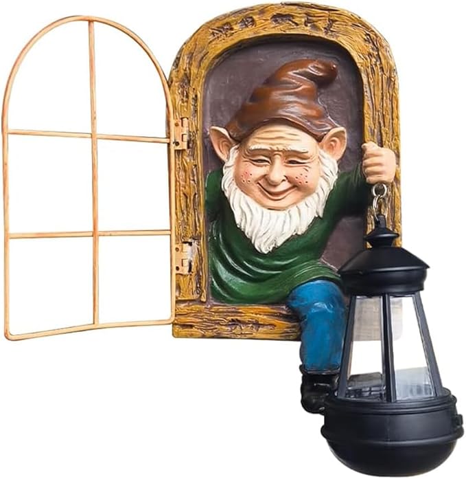 Close-up of a smiling gnome solar lantern statue with arched window