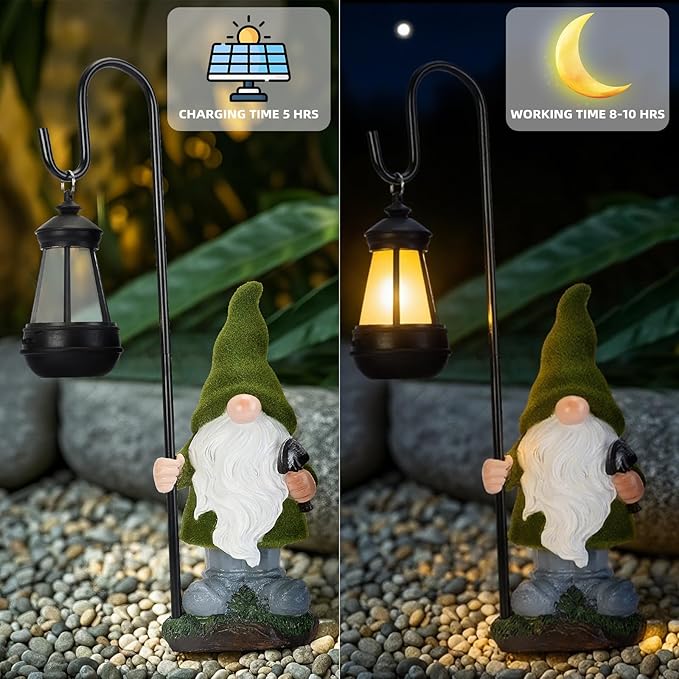 Solar gnome garden statue with lantern glow, green hat and white beard, standing on pebbles