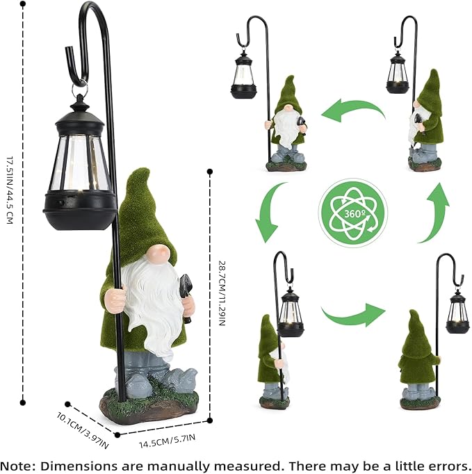 Solar gnome garden statue with tall lantern, green hat and white beard, outdoor standing figure