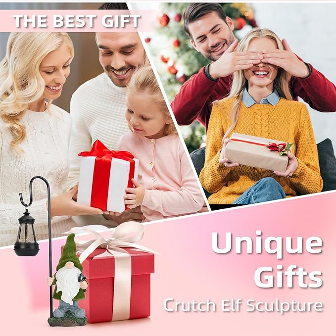 Solar gnome statue with lit lantern beside a wrapped gift, green hat and white beard