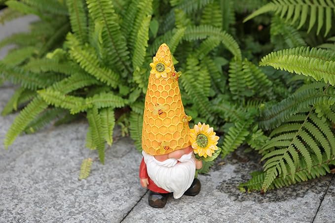 Solar LED gnome yard statue with honeycomb hat, white beard, and sunflower