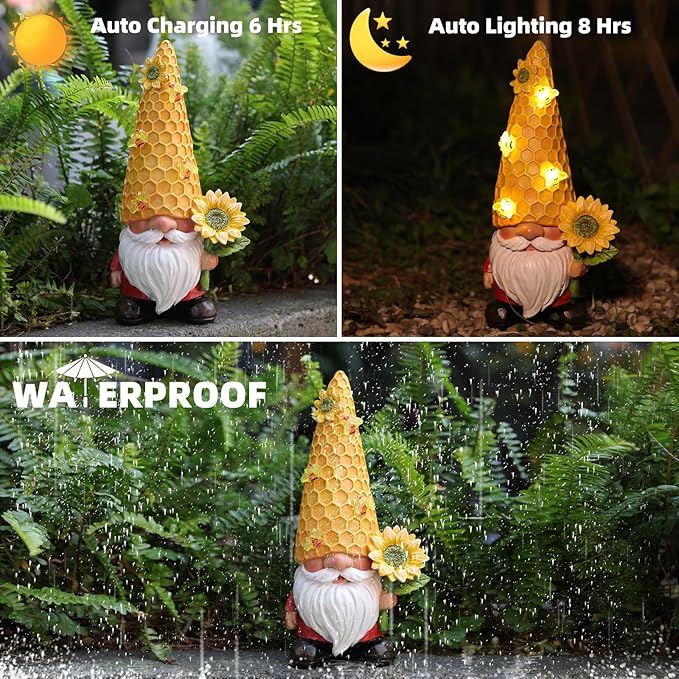 Glowing solar gnome outdoor statue with honeycomb hat, sunflower, and white beard