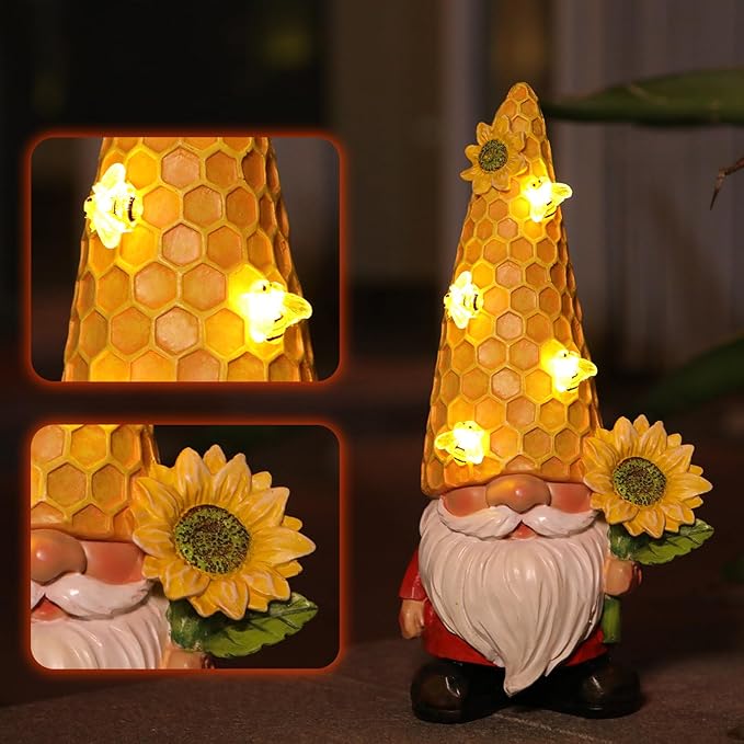 Solar LED gnome garden decor figure with honeycomb hat, sunflower, and warm light
