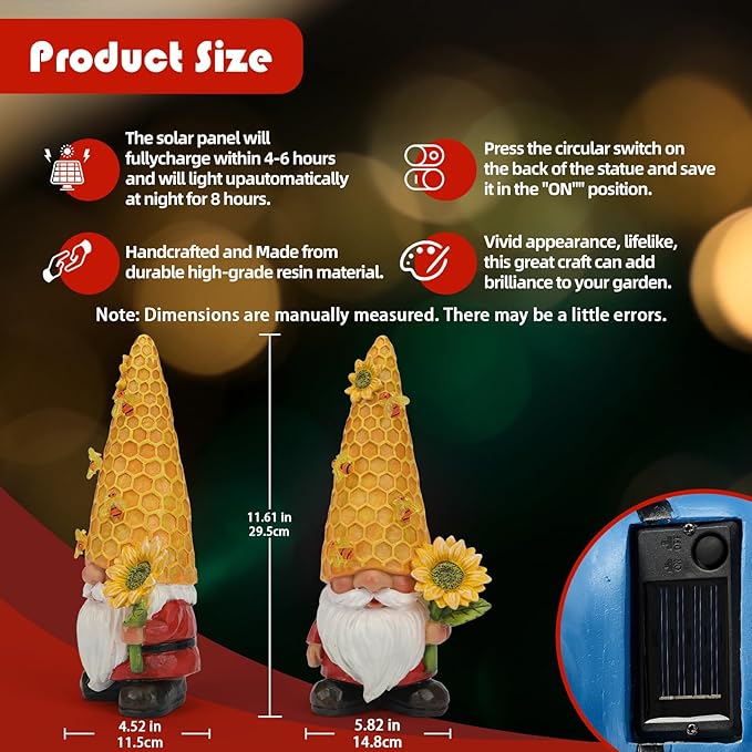 Solar gnome statue with honeycomb cone hat and sunflower, shown with size diagram