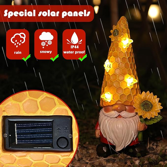 Solar LED gnome outdoor statue with honeycomb hat, sunflower, and solar panel detail