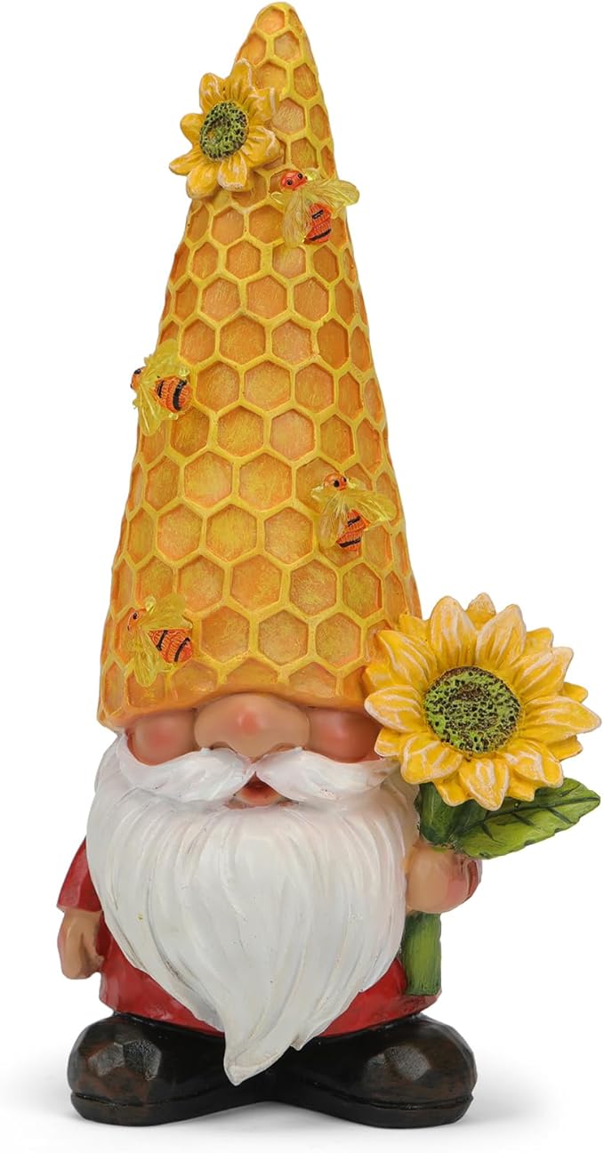 Solar LED garden gnome statue with honeycomb cone hat, sunflower, and white beard