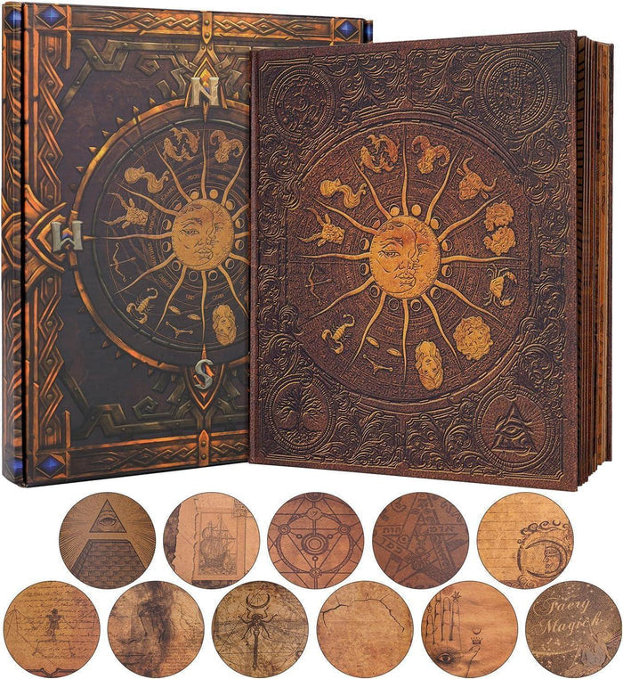 Zodiac scrapbook album with embossed sun and astrological designs on closed cover