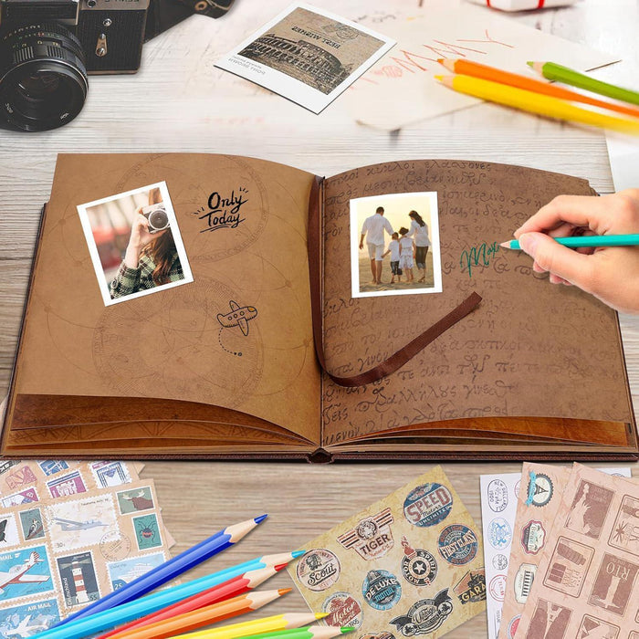 Opened zodiac scrapbook album with photo cards and handwritten notes on kraft pages