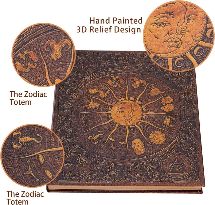 Zodiac scrapbook album cover with embossed sun face and decorative 3D relief detail
