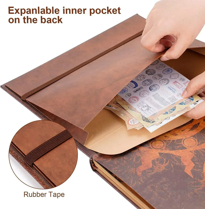 Zodiac scrapbook album back with expandable inner pocket and rubber tape closure