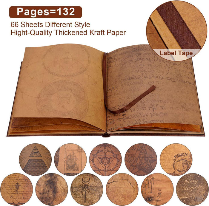 Zodiac scrapbook album open to patterned kraft pages with label tape strip