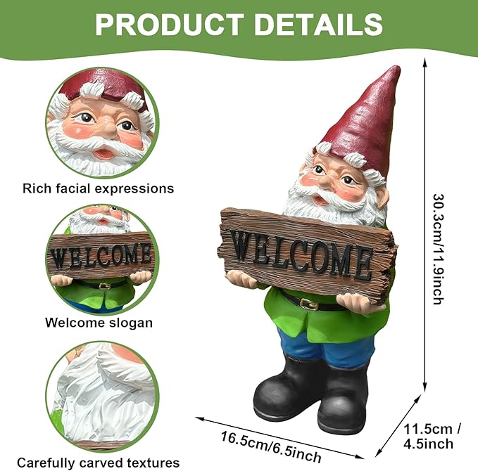 Garden gnome figurine holding a “WELCOME” sign, red hat, white beard, green top, blue pants.