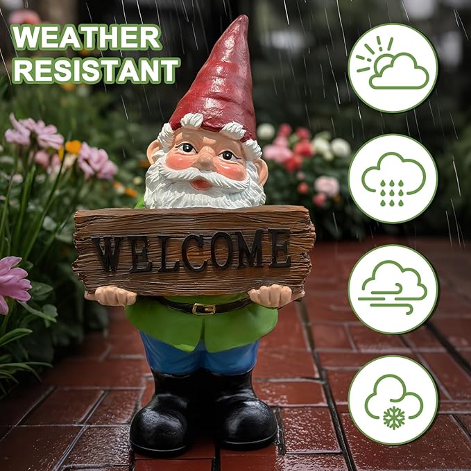 Garden gnome figurine holding a “WELCOME” sign, red hat, white beard, green jacket, blue pants.