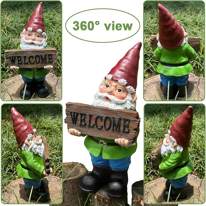 Garden gnome statue holding a “WELCOME” sign, multiple angles, red hat, green top, blue pants.