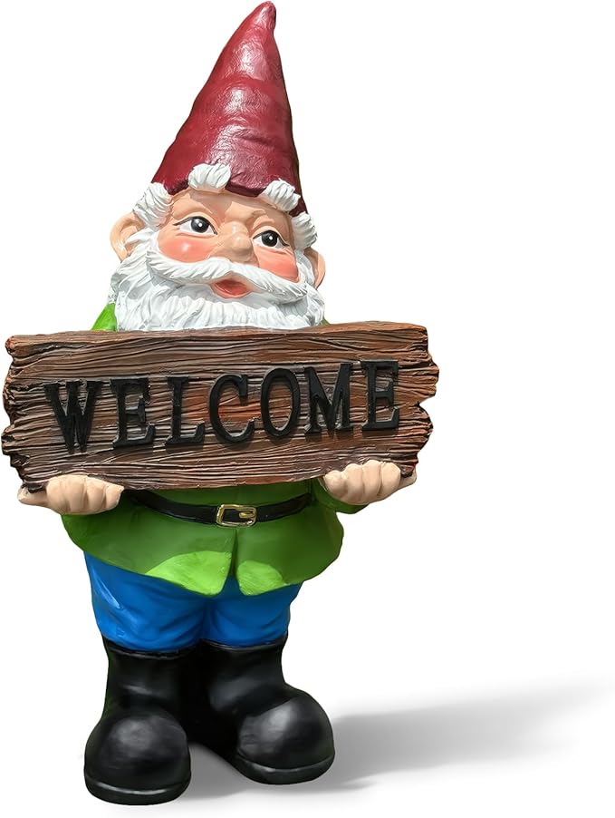 Garden gnome figurine holding “WELCOME” sign, tall red cap, white beard, green top, blue pants.