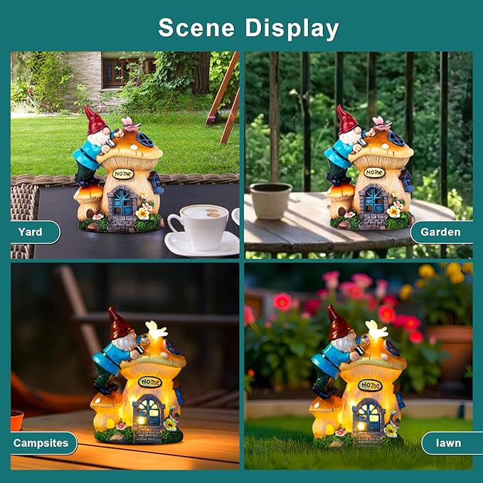 Solar gnome lantern house figurine displayed in a yard on a porch or table