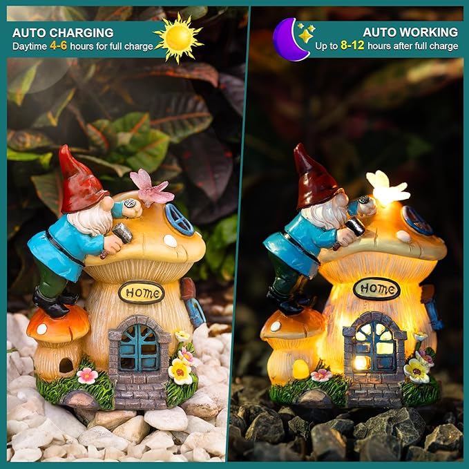 Solar gnome lantern house figurine with lit window and mushroom-style roof