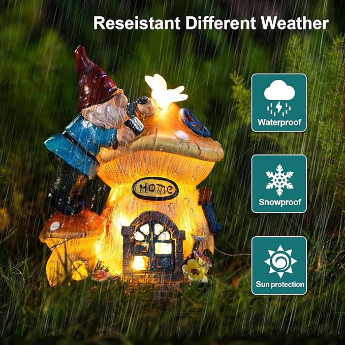 Weatherproof solar gnome lantern house figurine with glowing light in rainy setting