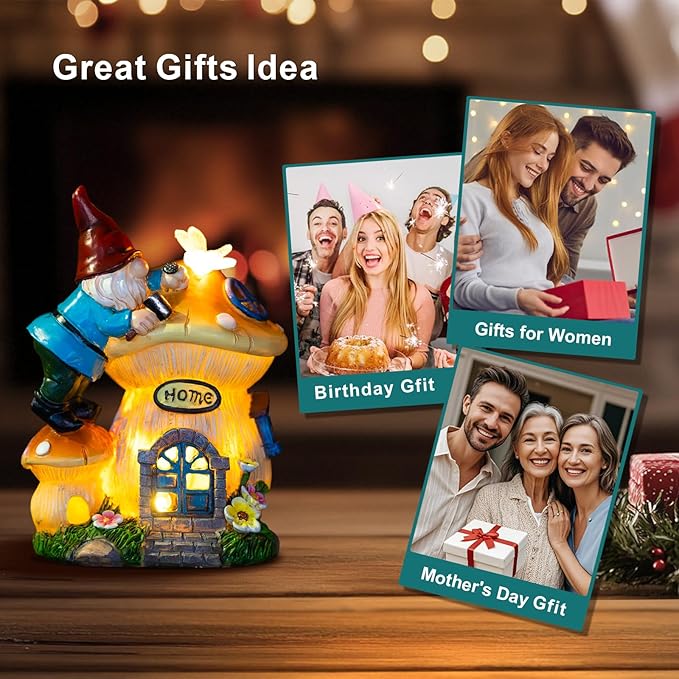 Glowing solar gnome lantern house figurine with gift-themed card photos
